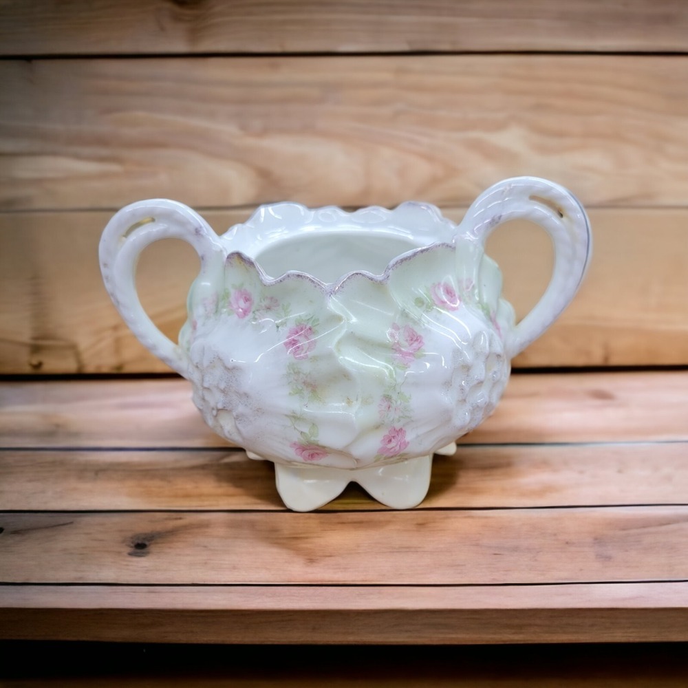 Vintage RS Prussia Red Star Green Wreath Footed w/ Handles Sugar Bowl Floral